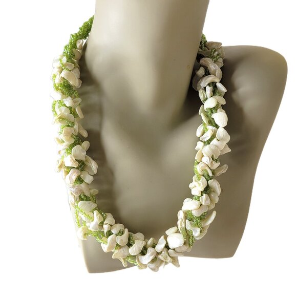 Chunky Shell Chips and Green Bead Bib Necklace - Picture 1 of 14